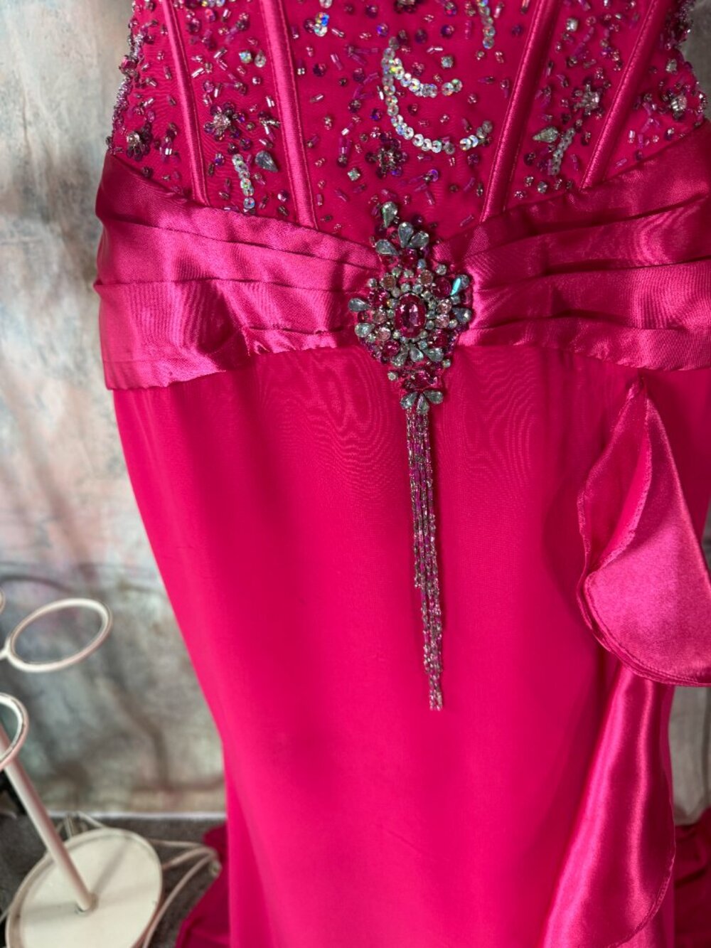 📌Fiesta Hot Pink Strapless Beaded Bodice & Ruffled Slit Formal - Prom Gown - Picture 3 of 15